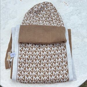 Michael Kors Brown and White Knit Beanie and Scarf Set
